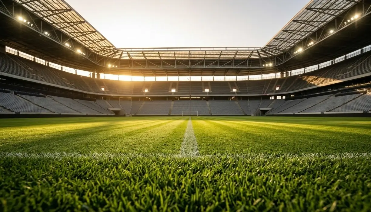 Eredivisie stadion met verlicht voetbalveld klaar voor de kampioensrace