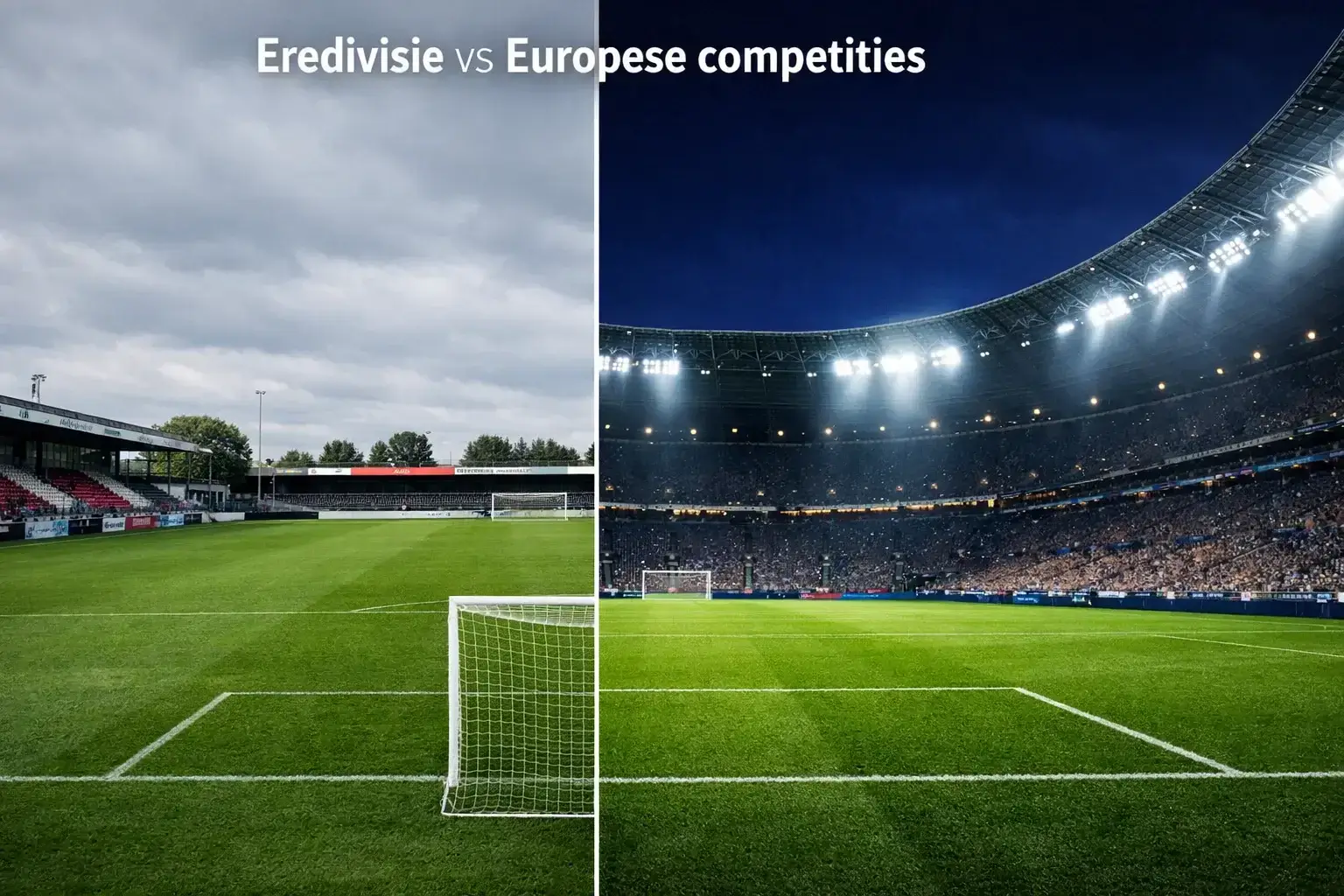 Eredivisie vs andere Europese competities — voetbalvelden naast elkaar in splitscreen