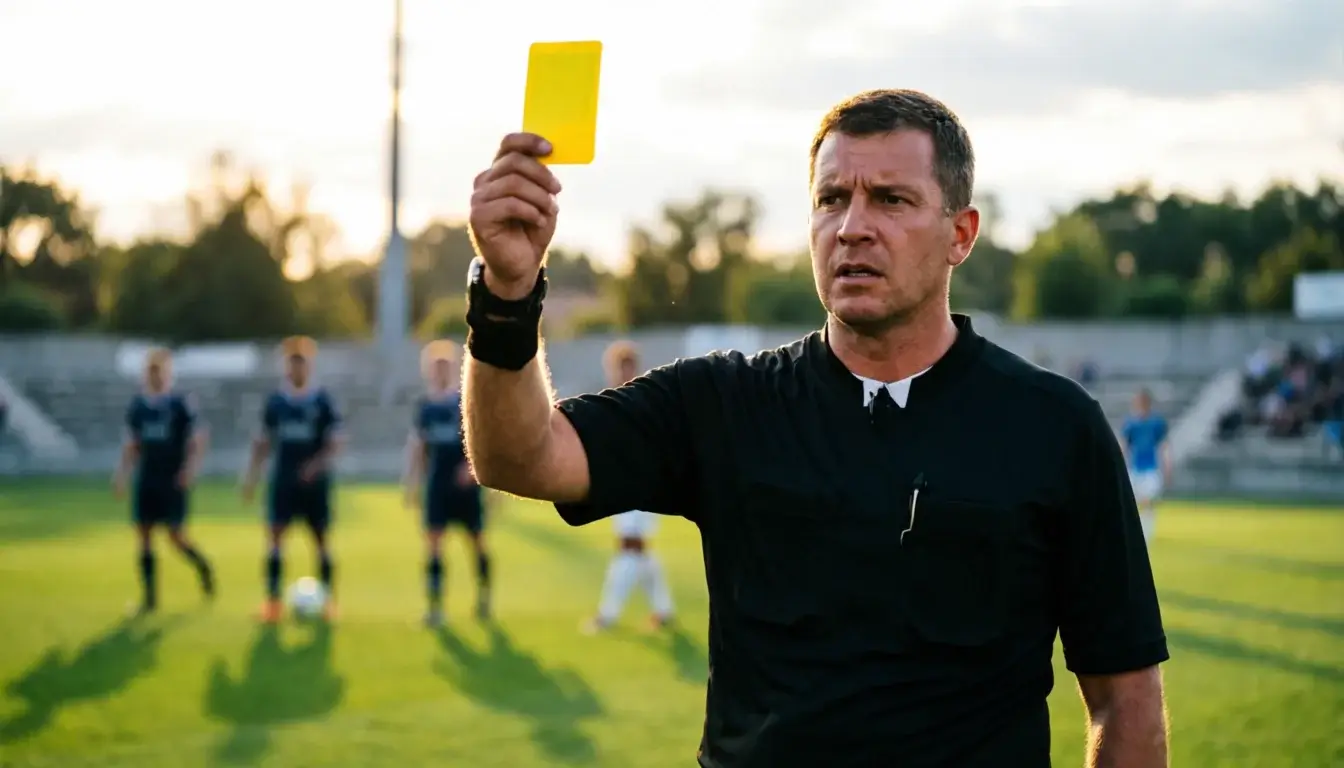 Scheidsrechter op een Eredivisie voetbalveld met gele kaart in de hand